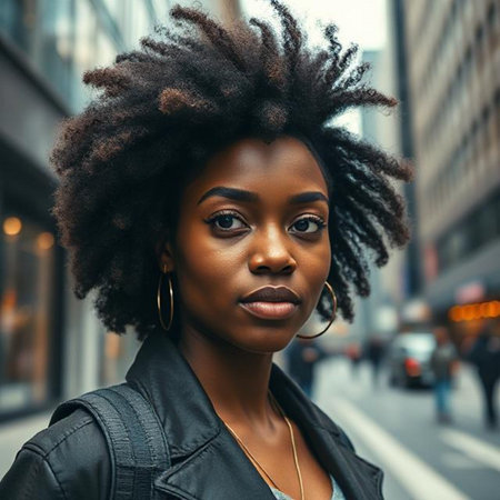 Beautiful african american woman with afro hairstyle in the city.の素材