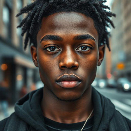 Close-up portrait of a young African American man in the cityの素材