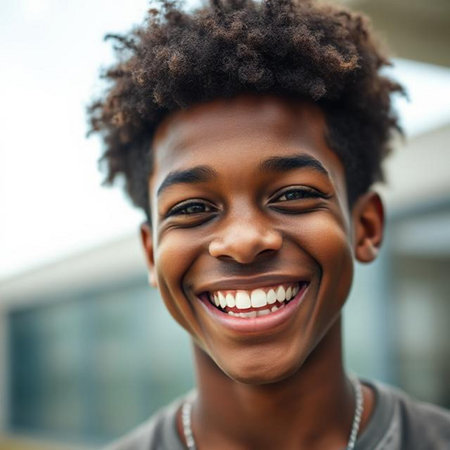 Close up portrait of a happy young African American man smilingの素材