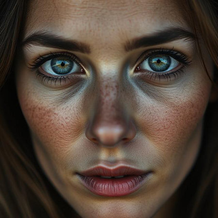 Close-up portrait of a beautiful young woman with blue eyes.の素材