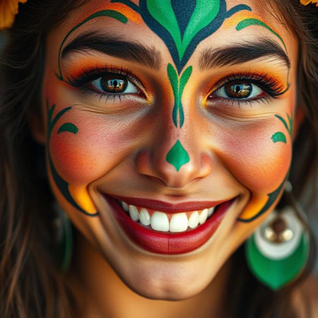 Closeup portrait of young beautiful woman with face art. Indian girl with creative make up.の素材