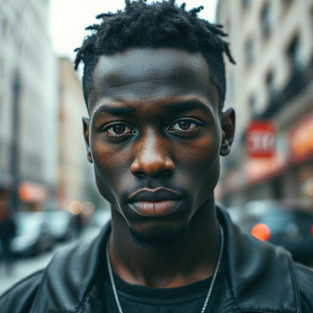 Portrait of a young African-American man in the cityの素材