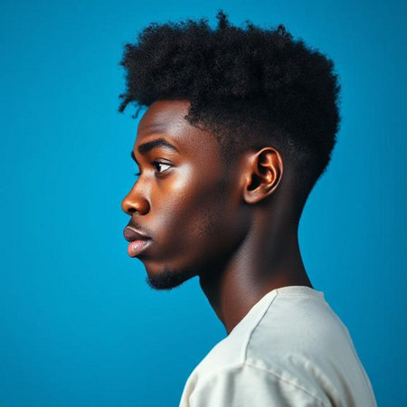 Portrait of young African American man on blue background.の素材