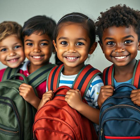 Portrait of happy group of kids with backpacks against gray backgroundの素材