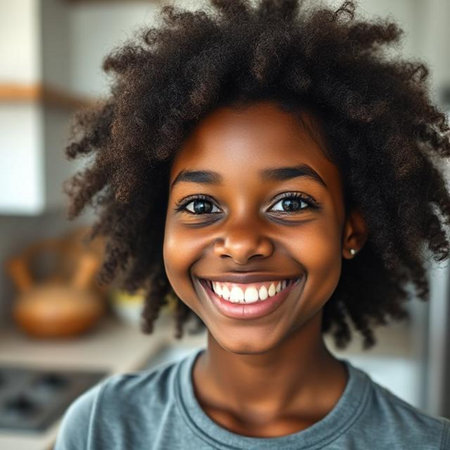 Portrait of a smiling African American woman with curly hairの素材