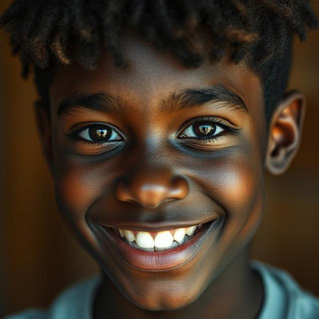 Close up portrait of a young African American boy smiling at cameraの素材
