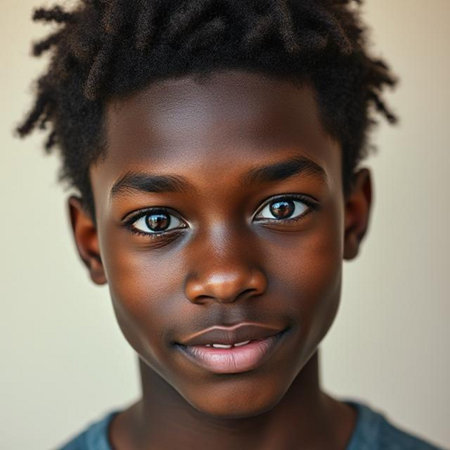 Close-up portrait of a beautiful African American little boyの素材