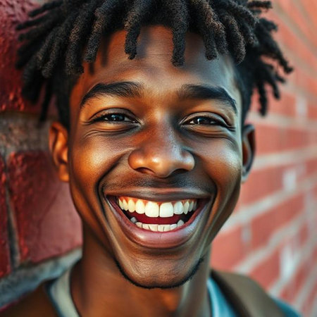 Close up portrait of young African American man smiling against brick wallの素材