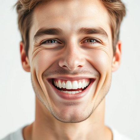 Close up portrait of a happy young man laughing and looking at cameraの素材