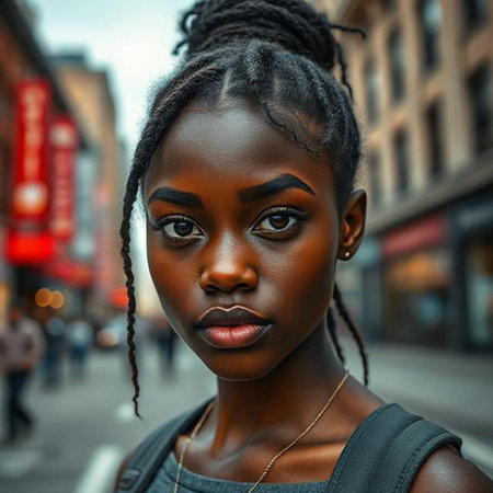 Beautiful african american woman with dreadlocks hairstyle in the cityの素材