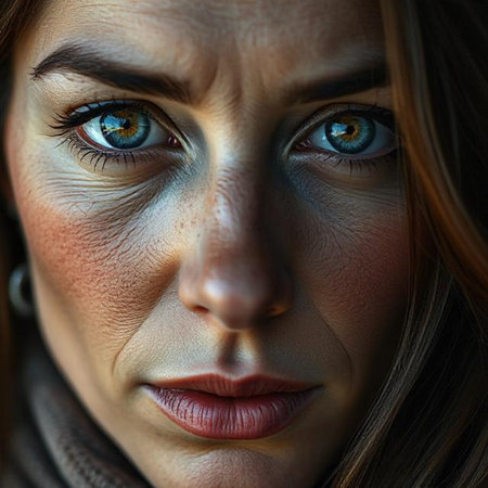 Close-up portrait of a beautiful young woman with blue eyes.の素材