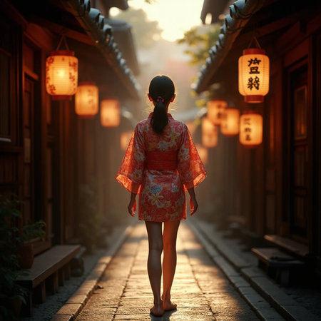 beautiful Chinese woman in traditional dress walking in the street at nightの素材