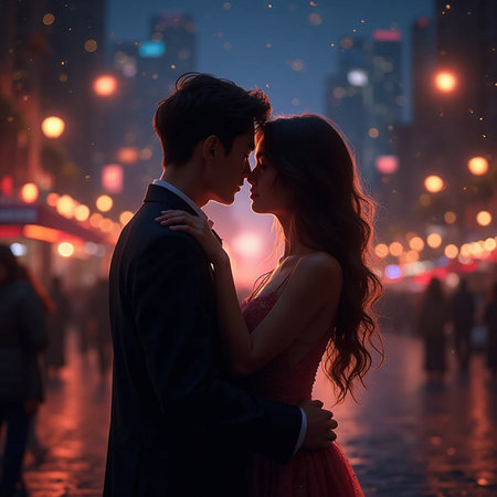 Beautiful young couple in love kissing in the city at night.の素材