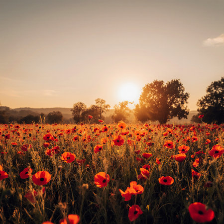 Field of poppies at sunset. Beautiful spring landscape. Vintage style.の素材
