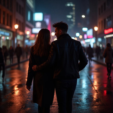 Young couple walking in the city at night, looking at each otherの素材