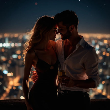 Romantic couple in love with champagne glasses on rooftop over night city backgroundの素材
