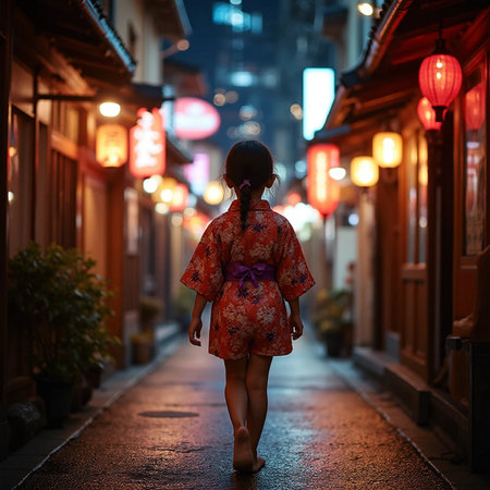 Girl in a kimono walking down the street at night.の素材