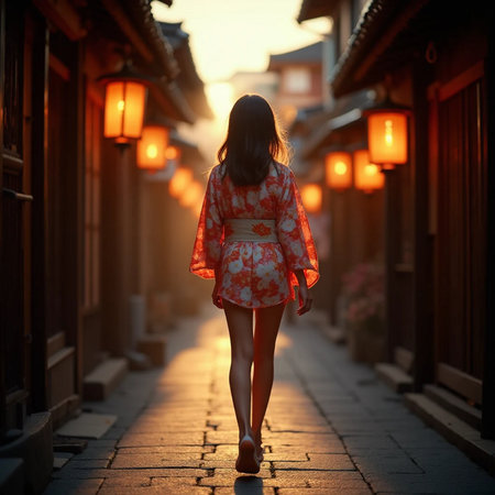 Beautiful Asian woman walking in the old town at sunset.の素材