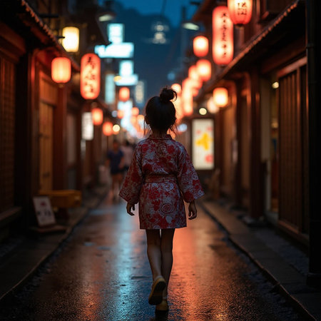 Japanese girl walking in the street at night in Kyoto, Japan.の素材