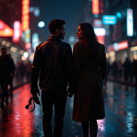 Young couple walking in the city at night. Couple in love.の素材