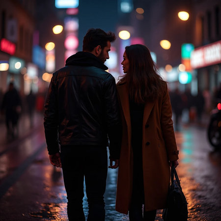 Young couple walking in the city at night, looking at each otherの素材