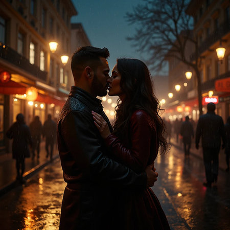 Beautiful couple kissing on the street at night. Love concept.の素材