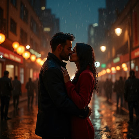 Beautiful couple kissing in the rain on the street. Love and romance.の素材