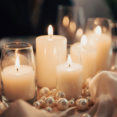 Burning candles and pearls on a festive table. Selective focus.の素材
