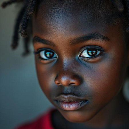 Close-up portrait of a beautiful African little girl with black hair.の素材