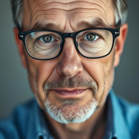 Portrait of a senior man with glasses looking at the camera.の素材