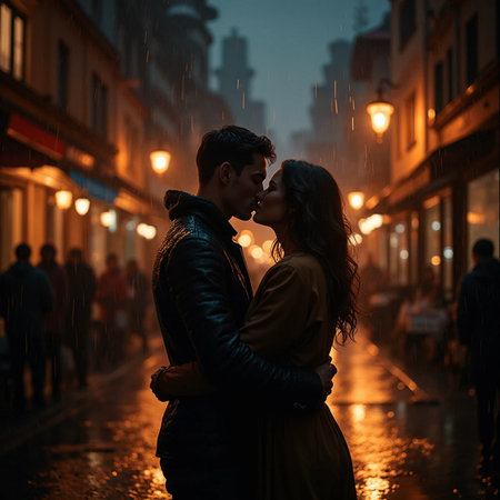 Young couple in love kissing in the rain on a rainy night.の素材