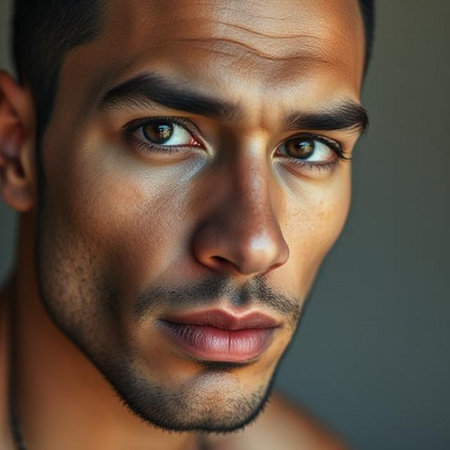 Close up portrait of a handsome young African American man looking at cameraの素材