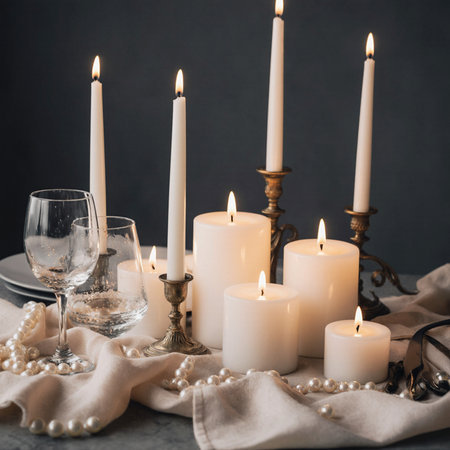 Wedding table setting with burning candles and wine glasses on gray backgroundの素材