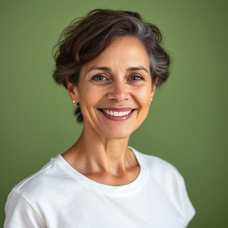 Portrait of smiling middle aged woman looking at camera against green backgroundの素材