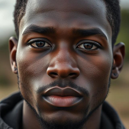 Close up portrait of a young African American man with brown eyes.の素材
