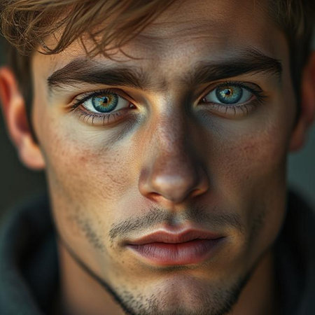 Close-up portrait of a handsome young man with blue eyes.の素材