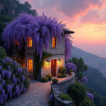 Luxury villa with purple wisteria flowers at sunsetの素材