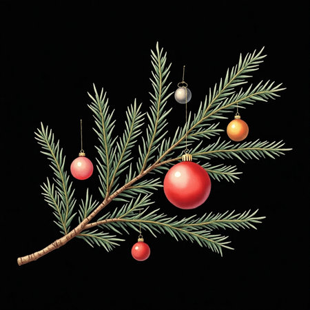 Christmas tree branch with red and golden baubles on black backgroundの素材