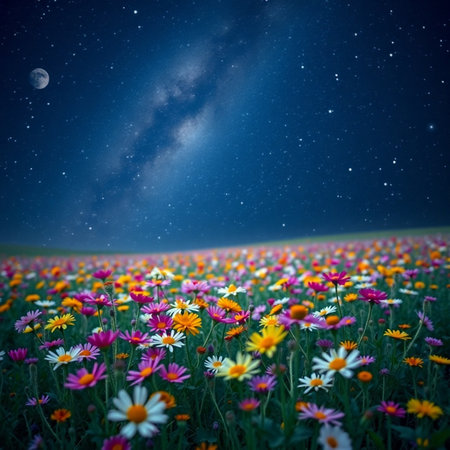 Colorful daisy flowers in the meadow under the starry skyの素材