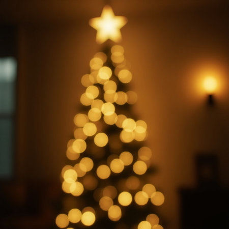 Defocused christmas tree with bokeh lights in the living roomの素材