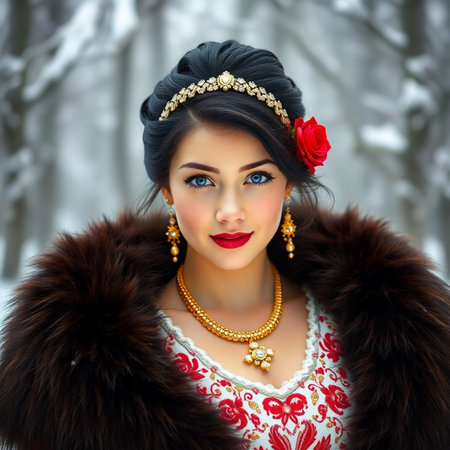 Beautiful young woman in Russian folk costume in winter forest.の素材