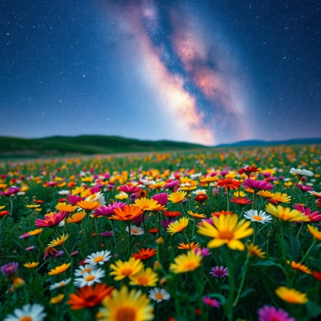 Milky Way over the meadow with colorful daisies.の素材