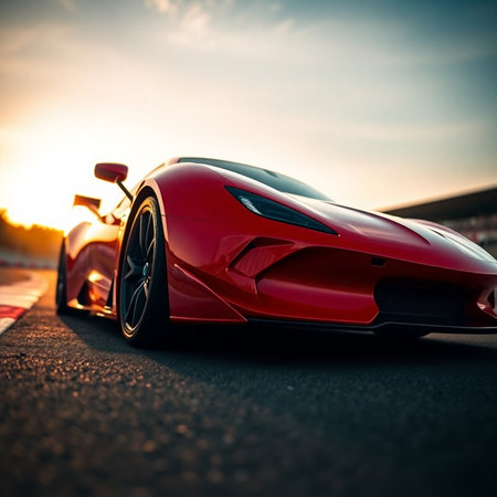 Futuristic red sports car on the asphalt road at sunset.の素材