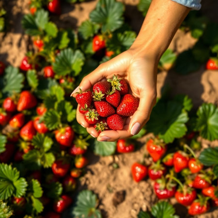 Ripe strawberries in the hands of a farmer. Selective focus. nature.の素材