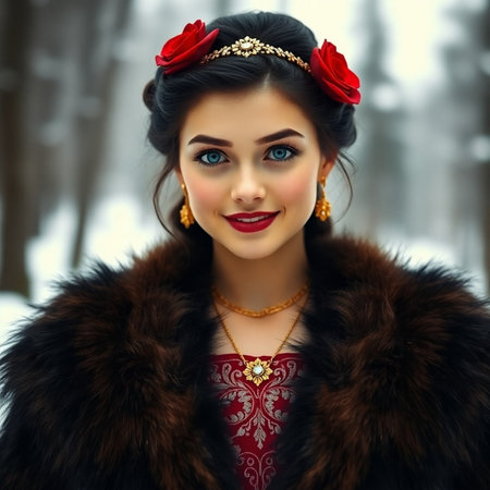 Portrait of a beautiful girl in a fur coat on a winter backgroundの素材