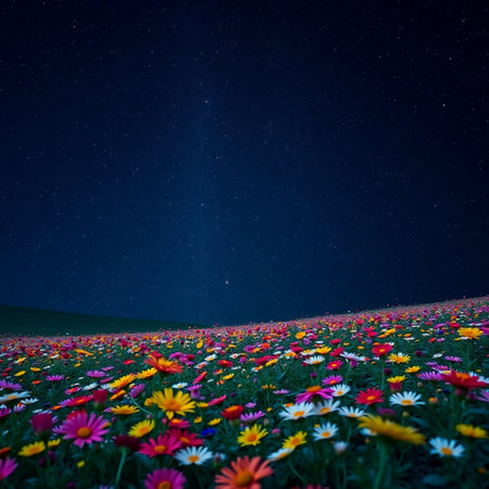 Beautiful cosmos flower field with starry sky in the background.の素材