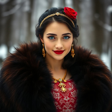 Portrait of a beautiful young woman in a fur coat. Winter forest.の素材