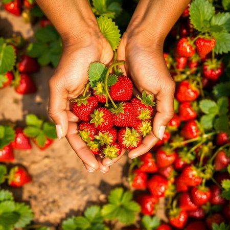 Strawberries in the hands of a farmer. Selective focus. nature.の素材