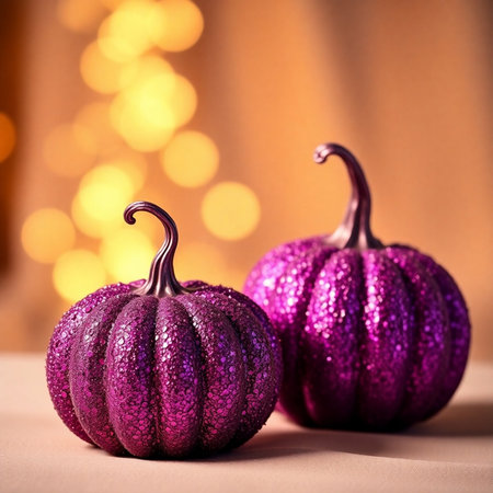 Halloween pumpkins with bokeh lights on background. Festive decoration.の素材