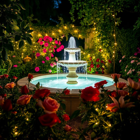 Fountain in the garden at night. Flowerbed with blooming roses.の素材